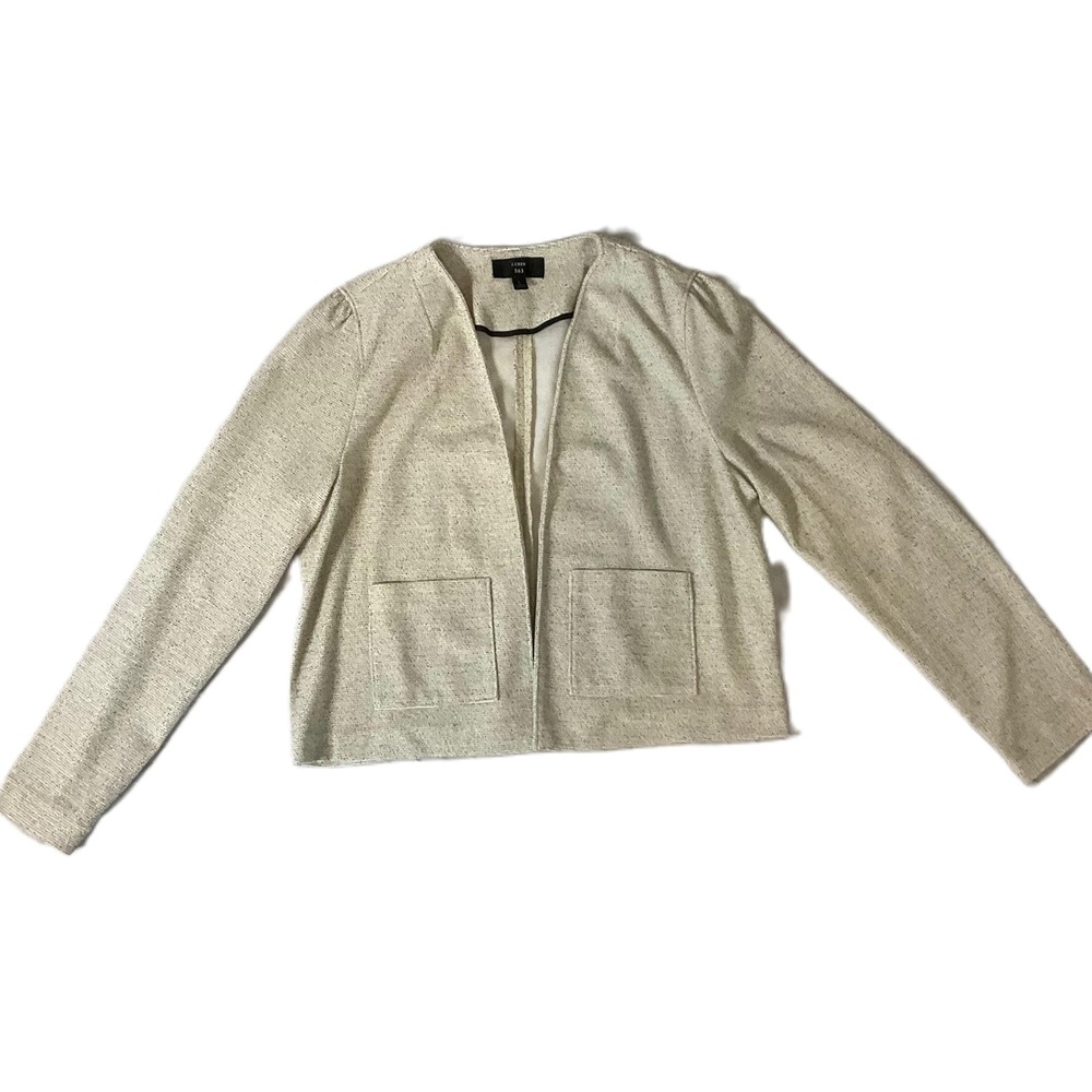 J.Crew 365 Open Front Blazer Womens Large Beige Textured Puff Shoulder Pocket